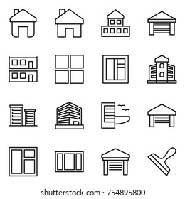 thin line icon set : home, cottage, garage, modular house, window, building, district, office, hotel, scraper