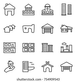 thin line icon set : home, cottage, mansion, skyscrapers, houses, slum, garage, house with, modular, panel, district, city, real estate, hotel, bungalow