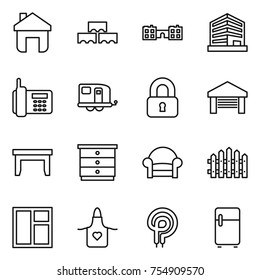thin line icon set : home, block wall, school, office, phone, trailer, locked, garage, table, chest of drawers, armchair, fence, window, apron, elecric oven, fridge