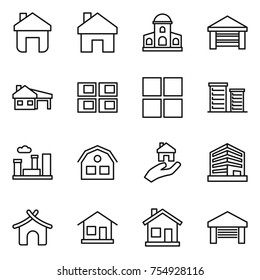 thin line icon set : home, mansion, garage, house with, panel, window, district, city, real estate, office, bungalow