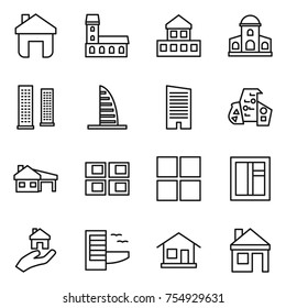 thin line icon set : home, mansion, cottage, skyscrapers, skyscraper, modern architecture, house with garage, panel, window, real estate, hotel