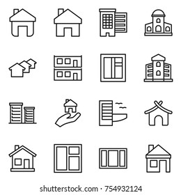 thin line icon set : home, houses, mansion, modular house, window, building, district, real estate, hotel, bungalow