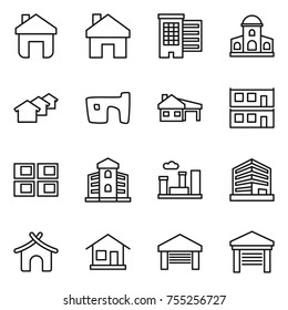 thin line icon set : home, houses, mansion, slum, house with garage, modular, panel, building, city, office, bungalow