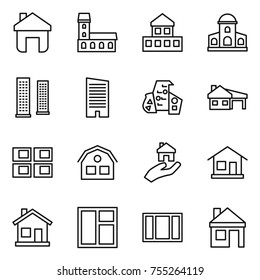 thin line icon set : home, mansion, cottage, skyscrapers, skyscraper, modern architecture, house with garage, panel, real estate, window