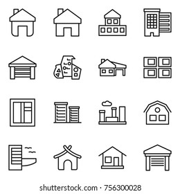 Thin line icon set : home, cottage, houses, garage, modern architecture, house with, panel, window, district, city, hotel, bungalow