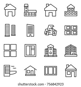 Thin line icon set : home, mansion, cottage, skyscrapers, skyscraper, modern architecture, panel house, window, building, office, hotel