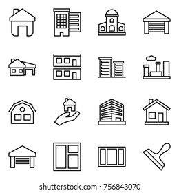 Thin line icon set : home, houses, mansion, garage, house with, modular, district, city, real estate, office, window, scraper