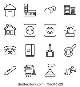 Thin line icon set : home, mansion, houses, district, power socket, ring button, alarm, phone, fridge, scoop, pan, stairs, vacuum cleaner, plunger