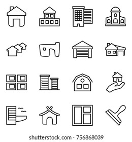 Thin line icon set : home, cottage, houses, mansion, slum, garage, house with, panel, district, real estate, hotel, bungalow, window, scraper