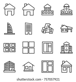 Thin line icon set : home, cottage, mansion, skyscraper, modern architecture, house with garage, panel, window, building, office