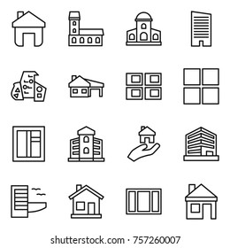 Thin line icon set : home, mansion, skyscraper, modern architecture, house with garage, panel, window, building, real estate, office, hotel