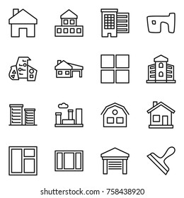 Thin line icon set : home, cottage, houses, slum, modern architecture, house with garage, window, building, district, city, scraper