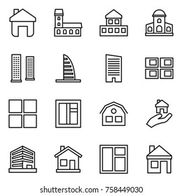 Thin line icon set : home, mansion, cottage, skyscrapers, skyscraper, panel house, window, real estate, office