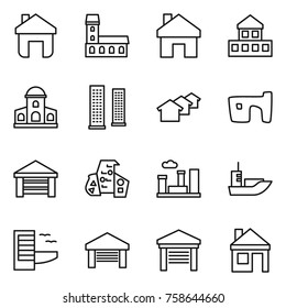 Thin line icon set : home, mansion, cottage, skyscrapers, houses, slum, garage, modern architecture, city, sea shipping, hotel, house
