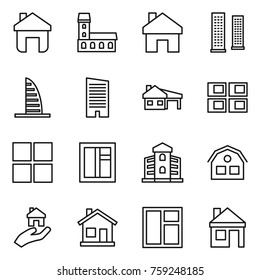 Thin line icon set : home, mansion, skyscrapers, skyscraper, house with garage, panel, window, building, real estate