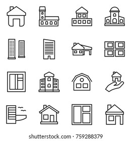Thin line icon set : home, mansion, cottage, skyscrapers, skyscraper, house with garage, panel, window, building, real estate, hotel