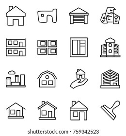 Thin line icon set : home, slum, garage, modern architecture, modular house, panel, window, building, city, real estate, office, scraper