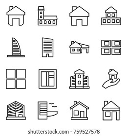Thin line icon set : home, mansion, cottage, skyscraper, house with garage, panel, window, building, real estate, office, hotel
