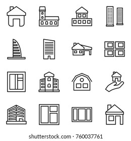 Thin line icon set : home, mansion, cottage, skyscrapers, skyscraper, house with garage, panel, window, building, real estate, office