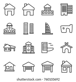 Thin line icon set : home, cottage, houses, mansion, skyscrapers, skyscraper, slum, house with garage, building, hotel, bungalow