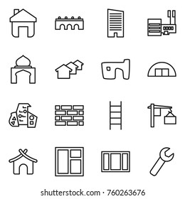 Thin line icon set : home, bridge, skyscraper, mall, minaret, houses, slum, hangare, modern architecture, brick wall, stairs, loading, bungalow, window, wrench