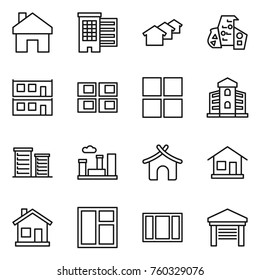 Thin line icon set : home, houses, modern architecture, modular house, panel, window, building, district, city, bungalow, garage