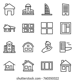 Thin line icon set : home, mansion, skyscraper, house with garage, panel, window, building, real estate, hotel