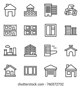 Thin line icon set : home, cottage, houses, modern architecture, modular house, panel, window, district, city, office, hotel, bungalow, garage
