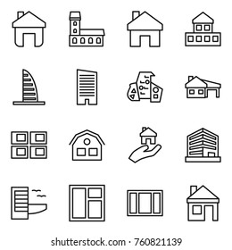 Thin line icon set : home, mansion, cottage, skyscraper, modern architecture, house with garage, panel, real estate, office, hotel, window