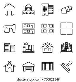 Thin line icon set : home, cottage, houses, slum, modular house, panel, window, district, city, office, bungalow, garage, scraper