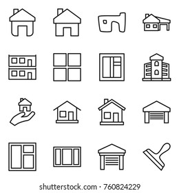 Thin line icon set : home, slum, house with garage, modular, window, building, real estate, scraper