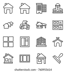 Thin line icon set : home, houses, mansion, modern architecture, house with garage, modular, window, office, bungalow, scraper