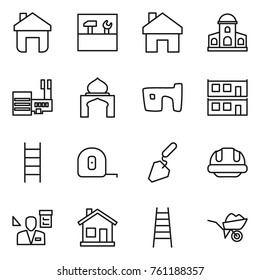 Thin line icon set : home, tools, mansion, mall, minaret, slum, modular house, stairs, measuring tape, construction, building helmet, architector, wheelbarrow