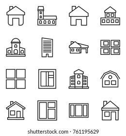 Thin line icon set : home, mansion, cottage, skyscraper, house with garage, panel, window, building