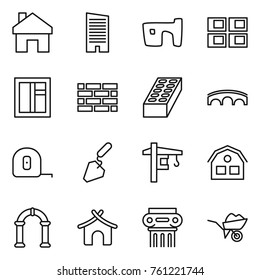 Thin line icon set : home, skyscraper, slum, panel house, window, brick wall, bridge, measuring tape, construction, tower crane, arch, bungalow, antique column, wheelbarrow