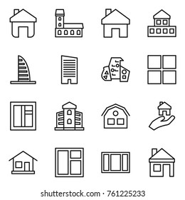 Thin line icon set : home, mansion, cottage, skyscraper, modern architecture, window, building, house, real estate