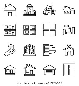 Thin line icon set : home, mansion, modern architecture, house with garage, modular, panel, window, city, real estate, office, hotel, bungalow