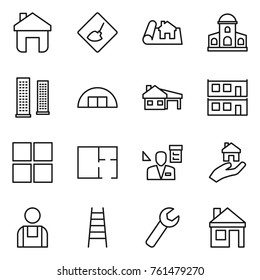Thin line icon set : home, under construction, project, mansion, skyscrapers, hangare, house with garage, modular, window, plan, architector, real estate, workman, stairs, wrench