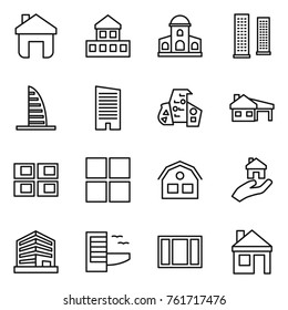 Thin line icon set : home, cottage, mansion, skyscrapers, skyscraper, modern architecture, house with garage, panel, window, real estate, office, hotel