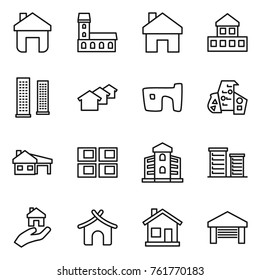 Thin line icon set : home, mansion, cottage, skyscrapers, houses, slum, modern architecture, house with garage, panel, building, district, real estate, bungalow