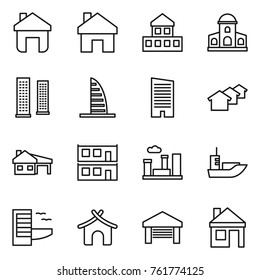 Thin line icon set : home, cottage, mansion, skyscrapers, skyscraper, houses, house with garage, modular, city, sea shipping, hotel, bungalow