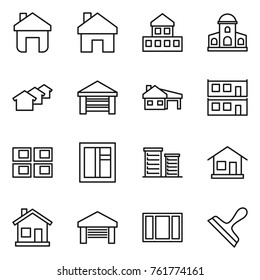 Thin line icon set : home, cottage, mansion, houses, garage, house with, modular, panel, window, district, scraper