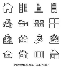 Thin line icon set : home, skyscrapers, skyscraper, modern architecture, house with garage, panel, window, building, real estate, office