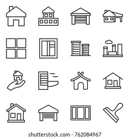 Thin line icon set : home, cottage, garage, house with, window, district, city, real estate, hotel, bungalow, scraper