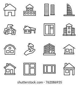 Thin line icon set : home, cottage, skyscrapers, skyscraper, modern architecture, house with garage, window, building, real estate, office
