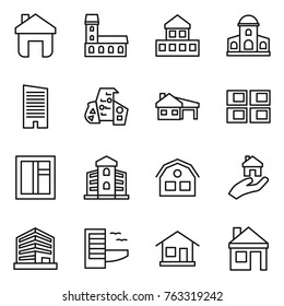 Thin line icon set : home, mansion, cottage, skyscraper, modern architecture, house with garage, panel, window, building, real estate, office, hotel