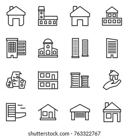 Thin line icon set : home, mansion, cottage, houses, skyscrapers, skyscraper, modern architecture, modular house, district, real estate, hotel, garage