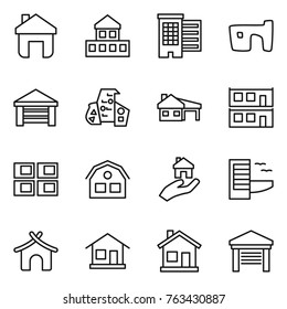 Thin line icon set : home, cottage, houses, slum, garage, modern architecture, house with, modular, panel, real estate, hotel, bungalow