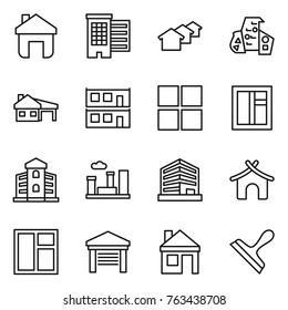 Thin line icon set : home, houses, modern architecture, house with garage, modular, window, building, city, office, bungalow, scraper