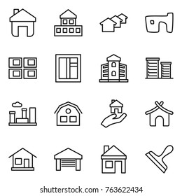 Thin line icon set : home, cottage, houses, slum, panel house, window, building, district, city, real estate, bungalow, garage, scraper